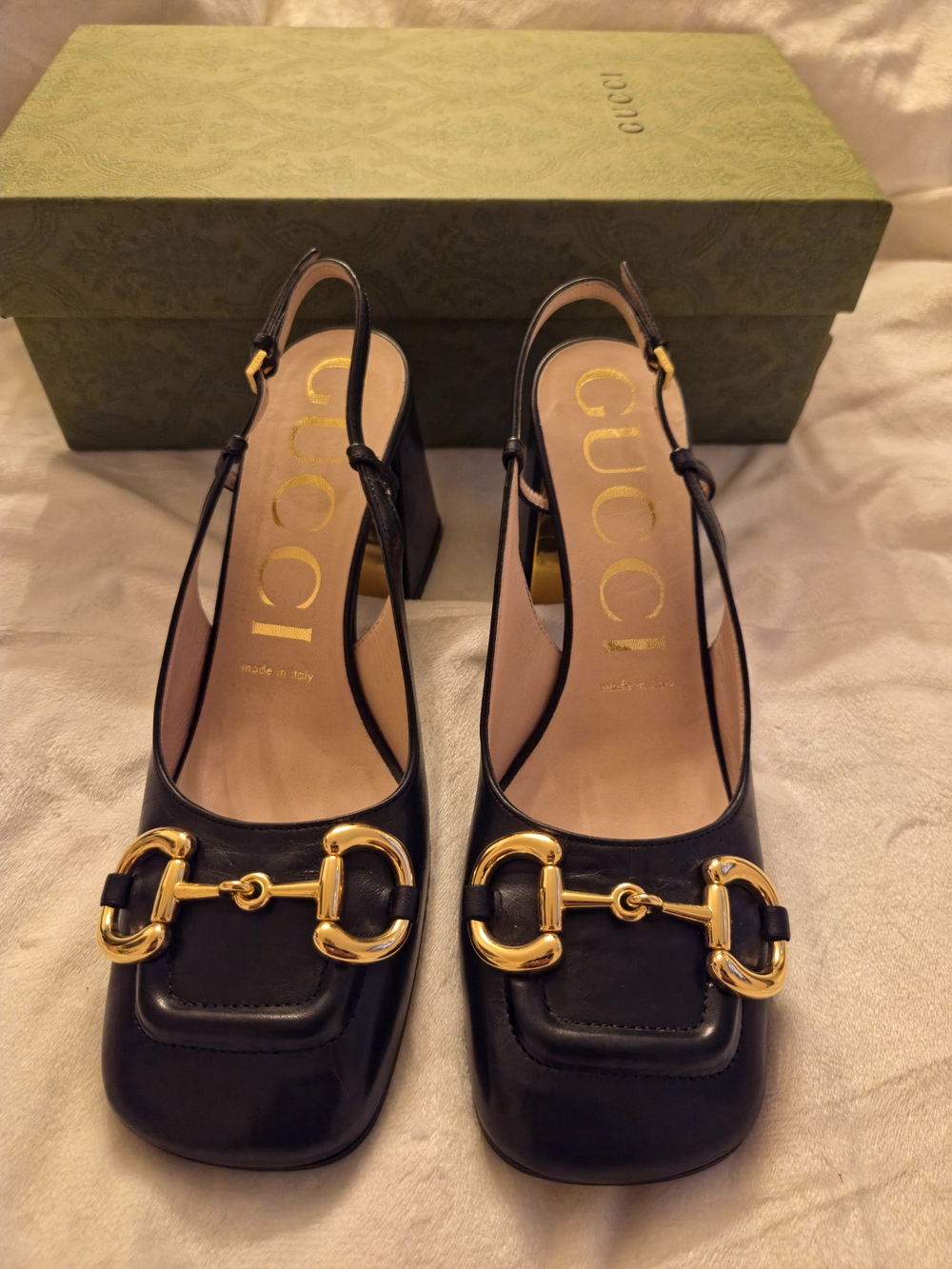 Gucci Black Leather Horsebit Slingback Block Heel Size 37